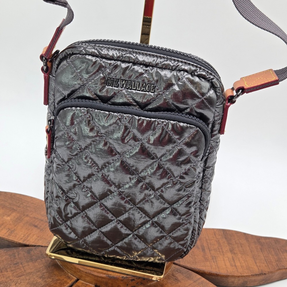 MZ Wallace Small Metro Crossbody Moondust Metallic Lacquer Gunmetal Quilted Bag